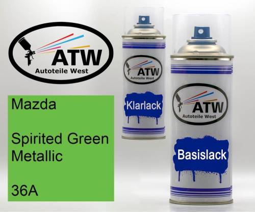 Mazda, Spirited Green Metallic, 36A: 400ml Sprühdose + 400ml Klarlack - Set, von ATW Autoteile West.